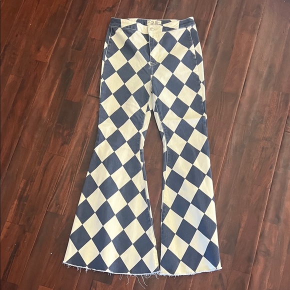 Free People Blue and White Checkered Flare Pants - Picture 2 of 4